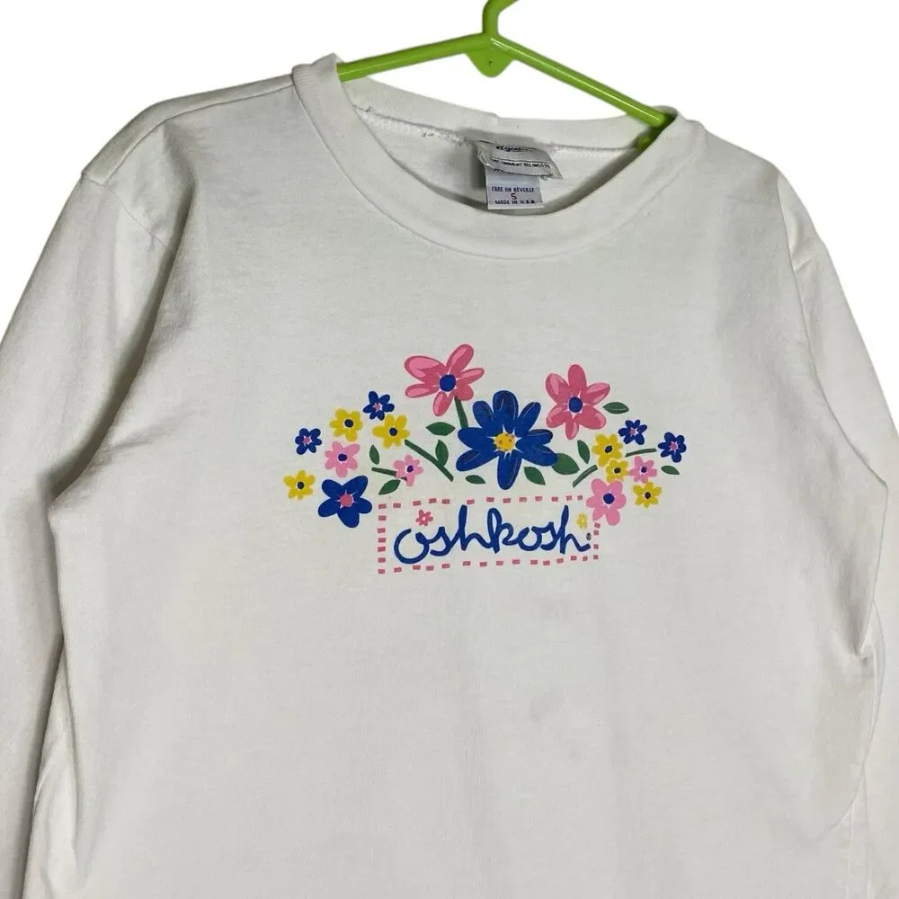 Vintage 90s OshKosh B'gosh Shirt Girls 5 White Top Flowers Long Sleeve USA Y2K